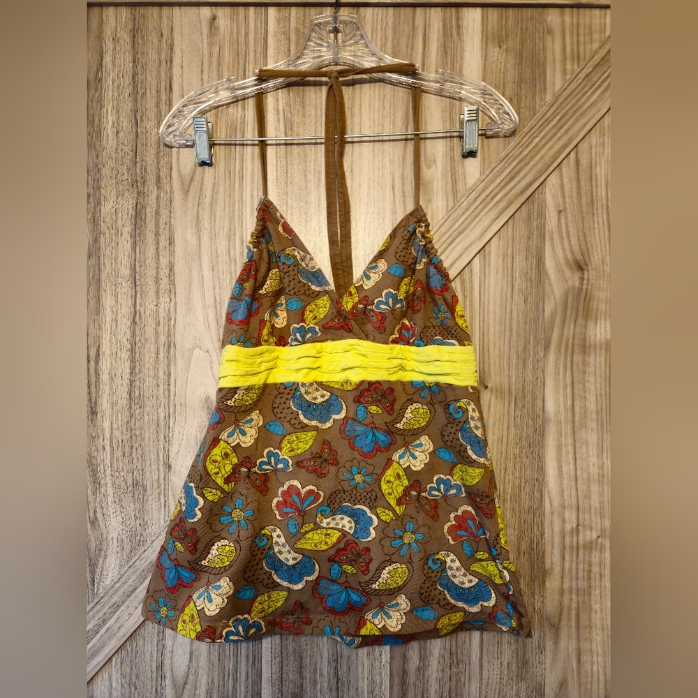 SO Brown Floral Halter Top with Yellow Accent